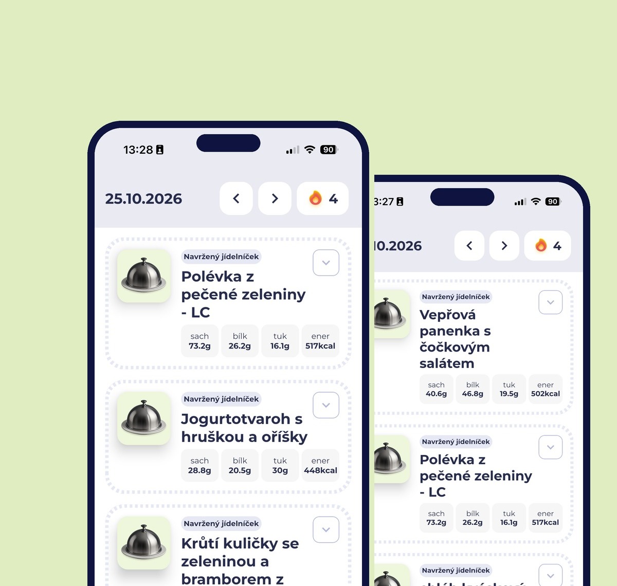 Mobilní aplikace Jídelní plán: navržený jídelníček na den s výživovými hodnotami