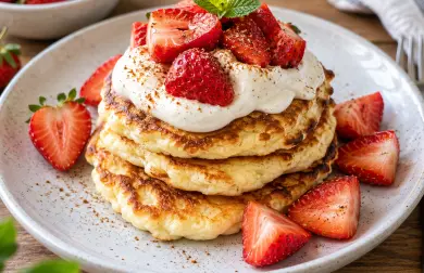 Lívance z mozzarelly zdobené mascarpone a jahodami