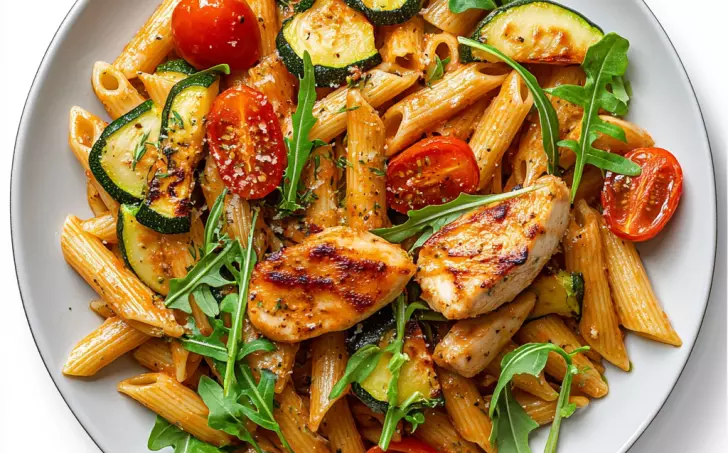 Těstoviny z červené čočky s kuřecím a zeleninou