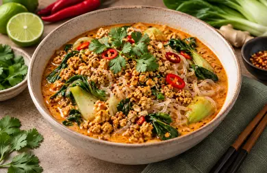Tofu na červeném kari s konjakovými nudlemi a pak choi