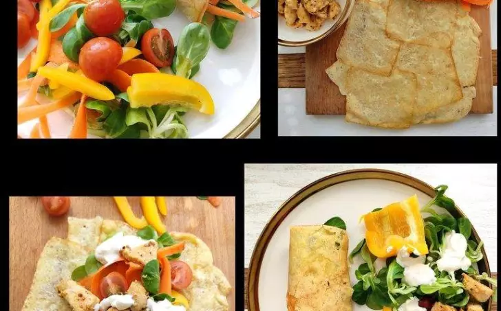 Sýrová tortilla plněná kuřecím masem, zeleninou a česnekovým dresinkem