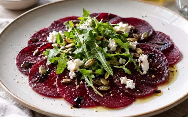 Řepné carpaccio s kozím sýrem, rukolou a dýňovými semínky