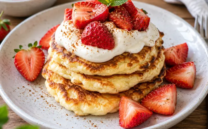 Lívance z mozzarelly zdobené mascarpone a jahodami
