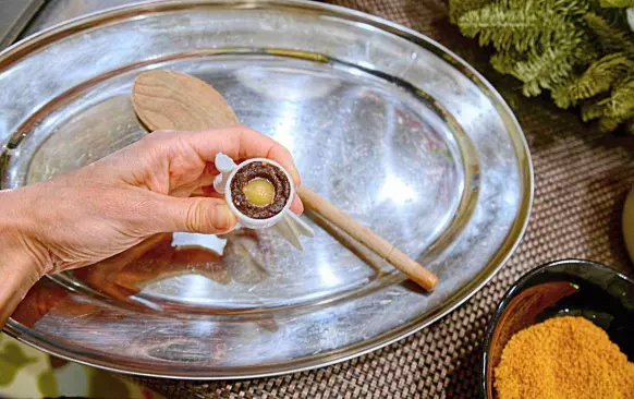 Těsto dám stranou a rozmixuji ingredience na náplň.

Hnědé těsto vtlačuji do kokosovým cukrem vysypaných formiček na vosí hnízda, vařečkou udělám dírku (doupravím prstem podle potřeby), lžičkou vliji náplň a přiklopím kolečkem sušeného banánu.