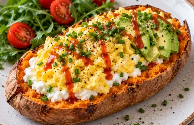 Snídaňový vege batát s cottage, avokádem a vejci