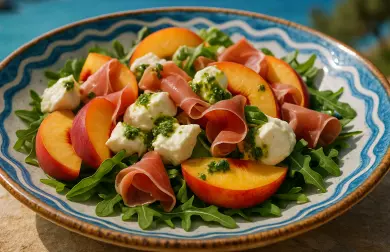 Broskvový salát s prosciuttem, čerstvou mozzarellou a bazalkovou zálivkou