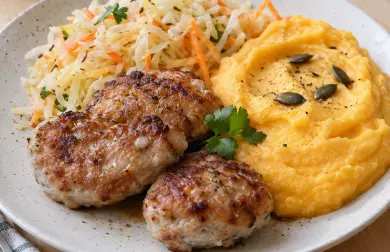 Krůtí karbanátky s batátovo-květákovým pyré a salátem z kysaného zelí