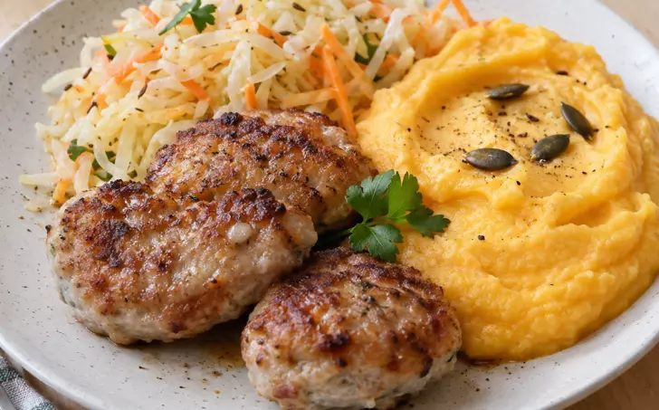 Krůtí karbanátky s batátovo-květákovým pyré a salátem z kysaného zelí
