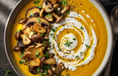 Dýňová polévka se restovanými houbami a tymiánovým jogurtem