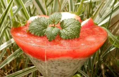 Dezert z kokosového mléka s chia semínky a jahodami