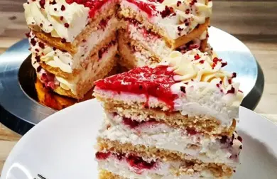 LowCarb kokosová torta s vanilkovo-rumovým krémom a rozvarom z červených ríbezlí