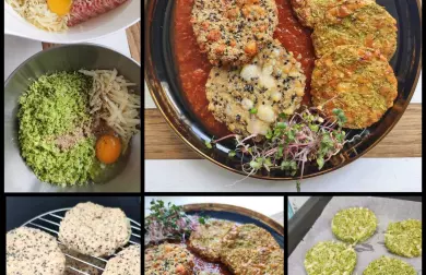 Karbanátky se sýrem, brokolicové placky a rajčatová omáčka