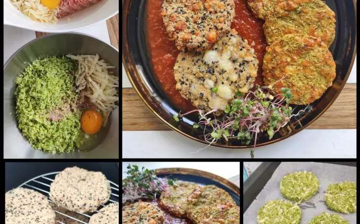 Karbanátky se sýrem, brokolicové placky a rajčatová omáčka