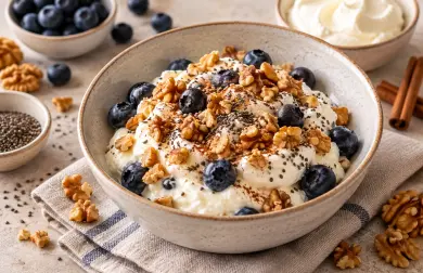 Krémový skyr s mascarpone, borůvkami a vlašskými ořechy