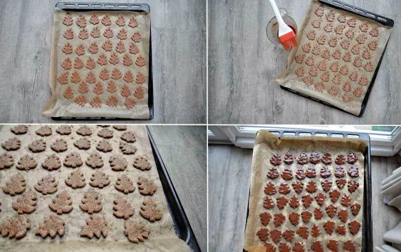 Vykrájím tvary (nejradši mám stromečky), kladu vedle sebe na pečící papír a u 1/4 sušenek do nich špejlí vytlačím dírku na pověšení.

Smíchám vodu se skořicí a všechny sušenky před pečením potřu skořicovou vodou.

Vložím do předem předehřáté trouby na 180°C a peču 13 min.

Ihned po vyjmutí z trouby sušenky znovu potřu skořicovou vodou a zlehka posypu třtinovým cukrem, který se na mokré cukrový nalepí. Nechám zaschnout.