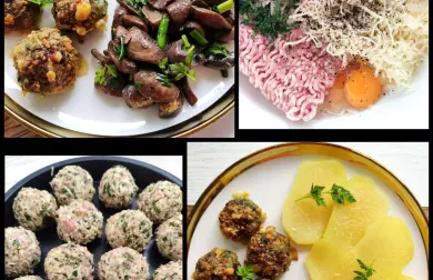 Masové kuličky se sýrem a medvědím česnekem, vařená kedlubna a dušené žampiony s bylinkami