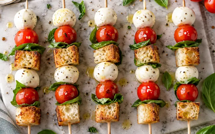 Caprese špízy s kváskovým chlebom