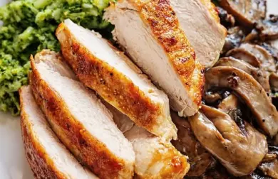 Kuřecí prso se šťouchanou brokolicí a smetanovými žampióny