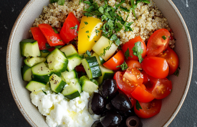 Miska s quinoou a zeleninou s dresinkem s cottage sýru