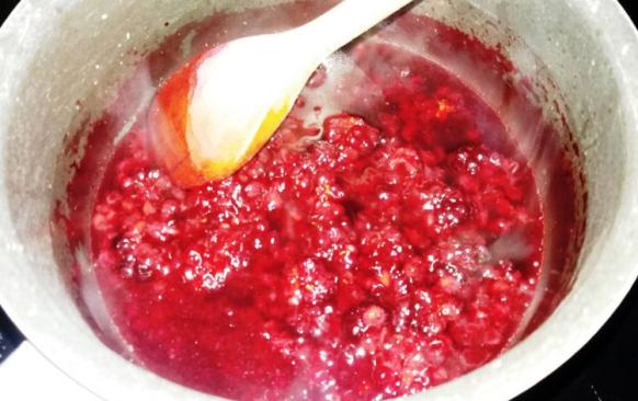 Po upečení vytáhněte z trouby nechte vychladnout.
Jakmile bude cheesecake vychladlý, připravte si želé. Do rendlíčku nasypte ostružiny, podlejte troškou vody a nechte zcela povolit. Přidejte sladidlo dle chuti a ostružiny rozmačkejte. Přisypte lžičku cukrárenského želé a dobře vše promíchejte. Přiveďte k varu a míchejte asi minutu. Pokud by byla směs příliš tuhá, přilijte vodu.